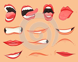 Set of female lips with various mouth emotions and expressions. Vector illustration.