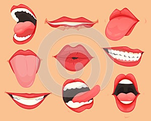 Set of female lips with various mouth emotions and expressions. Vector illustration.