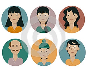 A set of female and male flat avatar icons on a white background.