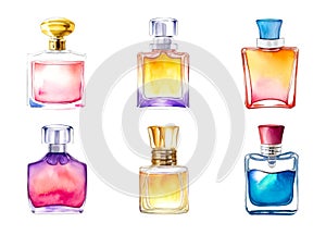 Set of Female Perfume Bottles. Collection of different women perfume bottles, watercolor style. Isolated on white