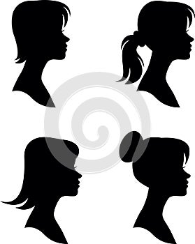 Set of female portraits with different hairstyles, isolated female stylized black silhouettes in profile on a white background.