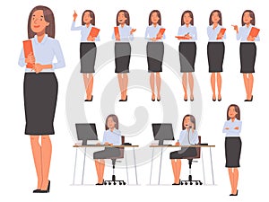 Set of female secretary character. Businesswoman in various actions and poses on a white background. Vector illustration