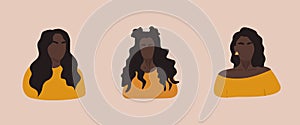 Set of female shapes and silhouettes on retro background. Abstract african women in pastel colors. Collection of