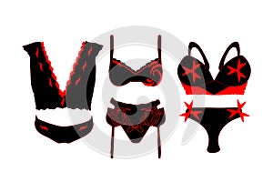 Set of female underwear red black isolated icons