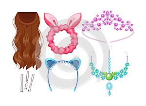 Set of feminine hair accessories. Items for woman hairdo styling. Hair band, bridal hairpin, invisible, crown, false hair,