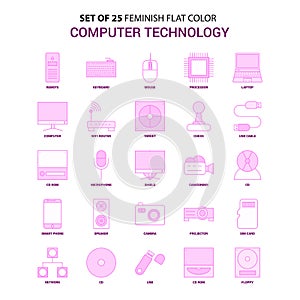 Set of 25 Feminish Computer Technology Flat Color Pink Icon set photo