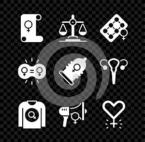 Set Feminism, Gender equality, Packaging of birth control pills, Feminist shirt, activist, and Condom icon. Vector