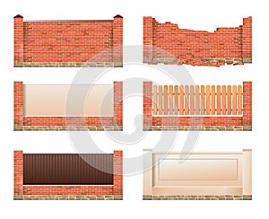 Set of fence. Brick stone and wood. New and destroyed old. Isolated on white background Vector.