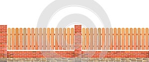 Set of fence. Wooden fence with brick pillars. Horizontal seamless design. Isolated on white background Vector.