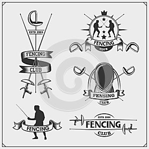 Set of fencing sport emblems with fencer in helmet. Swordsman Equipment.