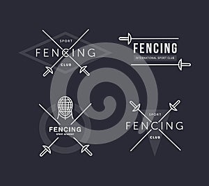 Set of Fencing sports vector logo or badge. Emblem elements. Fencing equipment - rapier, foil, mask. Sport academy.