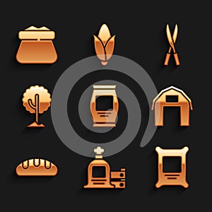 Set Fertilizer bag, Full sack and wooden box, Farm house, Bread loaf, Tree, Gardening handmade scissors and icon. Vector
