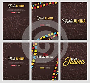Set of Festa Junina backgrounds with hand draw doodle elements and party flags. Brazil or Latin American holiday. Vector