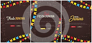 Set of Festa Junina backgrounds with hand draw doodle elements and party flags. Brazil or Latin American holiday. Vector