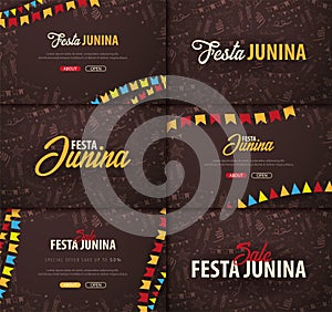 Set of Festa Junina backgrounds with hand draw doodle elements and party flags. Brazil or Latin American holiday. Vector