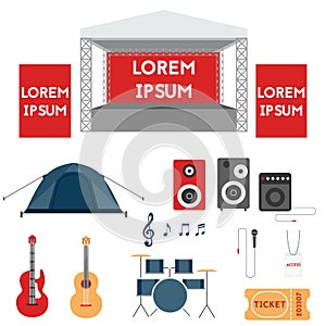 Set of festival or rock music concert elements.