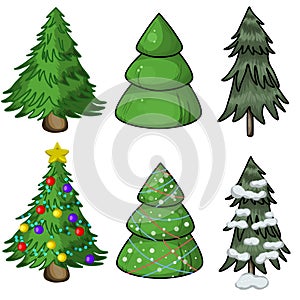 A set of festive Christmas trees isolated on a white background, design elements