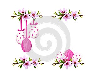Set of festive compositions with spring twigs of peach flowers and Easter eggs isolated on white