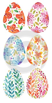 Set of festive Easter eggs with ornament. Watercolor drawing