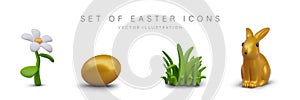Set of festive Easter icons. Chamomile, golden egg, green fresh grass, shiny rabbit