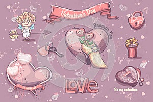 Set of festive elements and illustrations for Valentine's Day