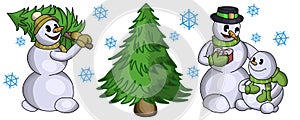 A set of festive illuminations, snowmen preparing for the winter holiday