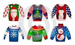 Set of festive sweaters with thematic Christmas images. Vector illustration in flat cartoon style.