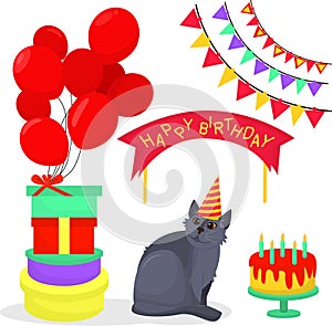 A set of festive vector illustrations on the theme of birthday with gifts, balloons, flags and a funny British cat