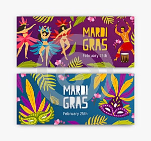 Set of festive web banner templates with dancers, drummer, tropical leaves and flowers and holiday masks. Flat vector