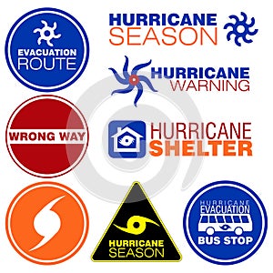 Set of few colorful hurricane warning signs and symbols