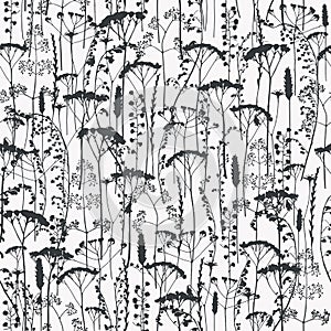 Set of field flowers, herbs. Element of seamless pattern. Paper design. Print element. Monochrome