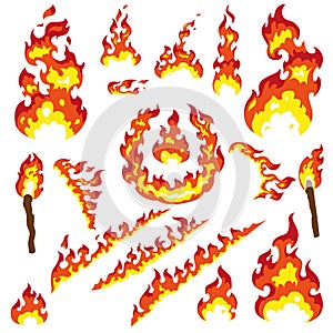 Set of fier elements: bonfire, fire, torch, flambeau, camp fire, ring of fire, sparks. Cartoon stiyle. Big collection for your