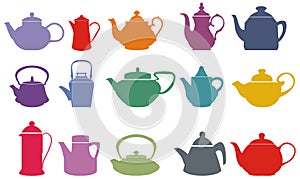 Set of fifteen colorful vector teapots