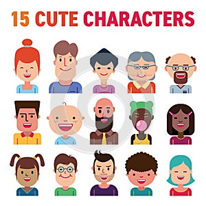 Set of fifteen cute and happy characters.