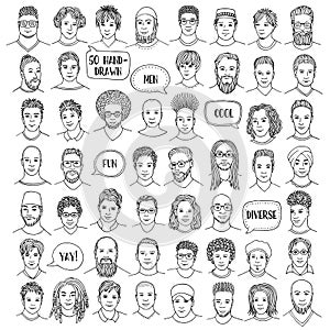 Set of fifty hand drawn male faces