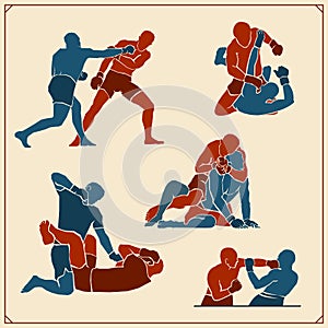 Set of fighting club emblems, labels, badges and icons. Fighters silhouettes.