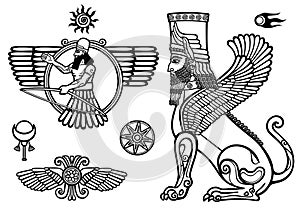 Set of figures of the Assyrian mythology: sphinx, winged god, Solarises.