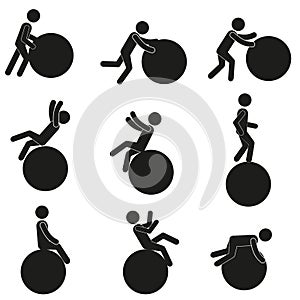 a set of figures of a man with a big ball, a man rolling a ball, falling off the ball, sitting and standing on the ball