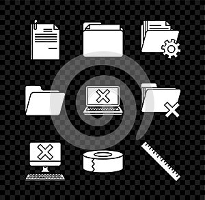 Set File document and paper clip, Document folder, Folder settings with gears, Computer keyboard x mark, Scotch, Ruler