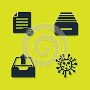 Set File document service, Bacteria, Upload inbox and Drawer with documents icon. Vector