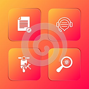 Set File document service, Headphones with speech bubble chat, Scooter and Microorganisms under magnifier icon. Vector