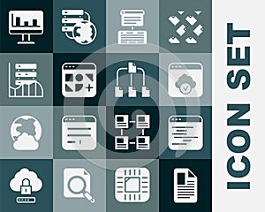 Set File document, Software, Cloud technology data transfer, Server, Data, Web Hosting, Different files, Monitor with