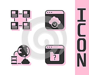 Set File missing, Hierarchy organogram chart, Network cloud connection and Cloud technology data transfer icon. Vector