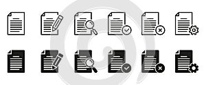 Set of Files Icon. Office Paper Pages Collection Black Line and Silhouette Icons. Business Documents Symbol with Pencil