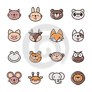 Set of filled outline animal icons on white background