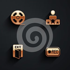 Set Film reel, Actor star, Fire exit and Record button icon with long shadow. Vector