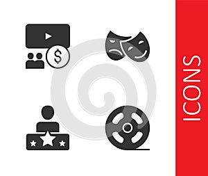 Set Film reel, Cinema auditorium with screen, Actor star and Comedy and tragedy masks icon. Vector