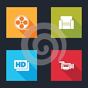 Set Film reel, Cinema chair, Hd movie, tape, frame and camera icon. Vector
