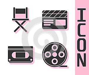 Set Film reel, Director movie chair, VHS video cassette tape and Movie clapper icon. Vector