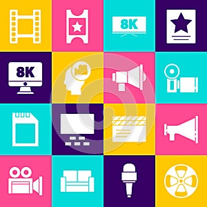 Set Film reel, Megaphone, Cinema camera, Screen tv with 8k, Head, Monitor, Play Video and icon. Vector